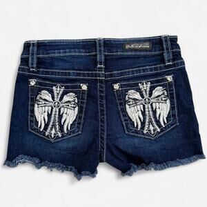 Stella In Dreams Y2K Blue Mid Rise Shorts w Rhinestone Angel Wing Cross Patches